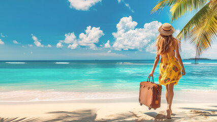 A young woman in a yellow dress and straw hat walks barefoot away from the camera on a beach, carrying a brown suitcase, copy space, horizontal 16-9