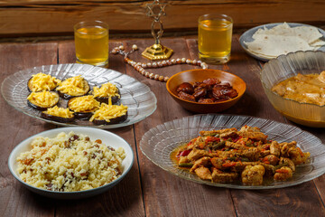 Shabbat table with traditional holiday food menorah. Horizontal photo.