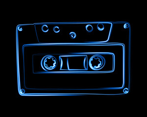 Neon cassette. Nostalgia of the 90s. Audio cassette for listening to music.