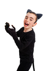 Boy dressed as a black cat, different emotions. Isolate. Purim, Halloween
