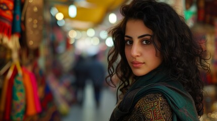 Fototapeta premium Beautiful african american woman with curly hair wearing black clothes and posing in the street. Iranian woman with ebony curls, positioned against the vibrant colors of the Grand Bazaar in Tehran. 