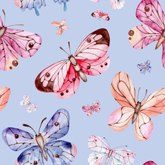 Moth watercolor seamless pattern. Butterflies, insects. Butterflies print. Blue background. Spring, summer. Vintage. For printing on fabric, textiles, packaging paper, covers, dishes, cards