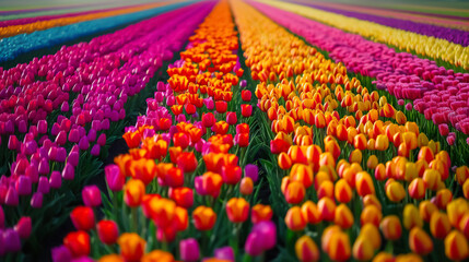 beautiful colorful tulip field in Netherlands, vibrant and vivil flowers garden outdoor in Holland - obrazy, fototapety, plakaty