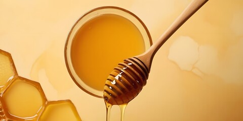 Food ingredient, liquid honey, is being poured from a traditional wooden dipper into a glass. This kitchen utensil is commonly used in various cuisines to sweeten dishes or drinks - obrazy, fototapety, plakaty