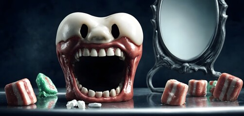 A fictional character tooth with a face is perched on a shelf by a mirror, ready to roar with its sharp fang. Its a unique piece of art representing a surreal event