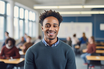 Fototapeta premium Portrait of smiling African American male student standing in classroom