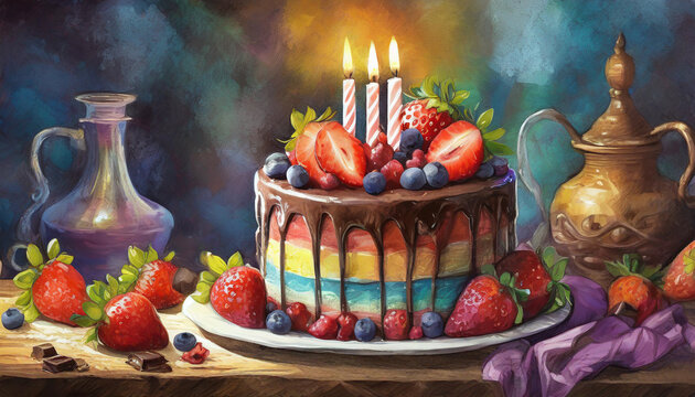 birthday cake beautiful colours with candles chocolate layers strawberry balloon's sparklers lollies candy