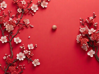 Chinese new year decorations with sakura flowers on red background  image 