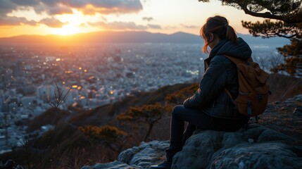 Solitary figure overlooking a cityscape at sunset