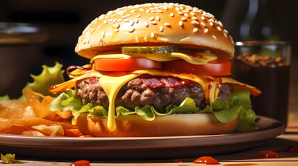 Rustic burger with juicy fried steak and topped with melted cheese