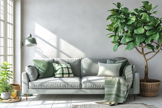 Living room interior with gray velvet sofa, pillows, green plaid, lamp and fiddle leaf tree in wicker basket on white wall background. 3D rendering