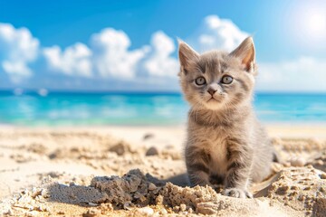 Obraz premium cute cat playing on the beach in sunny weather . AI Generated