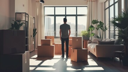 Fototapeta premium Man Standing in New Apartment Surrounded by Moving Boxes, opens packed boxes with furniture in the middle of empty living room