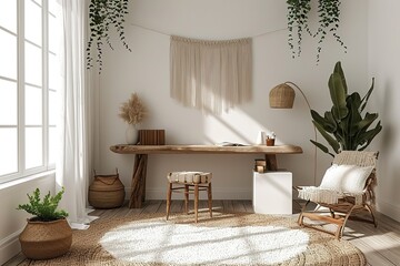 Minimalistic boho interior with design and handmade macrame shelf planter hanger for indoor plants, wooden desk, armchair, lamp, white cube and elegant accessories. Stylish home decor. White walls. - obrazy, fototapety, plakaty
