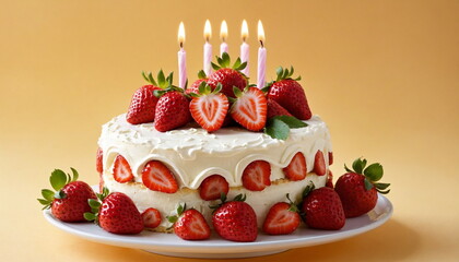A strawberry cream cake with light candles, ready for a celebration. A delicious treat.