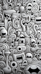 Monochrome Abstract Doodle Art with Whimsical Faces

