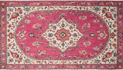 An ornate Persian carpet displaying intricate floral patterns in shades of red and white.
