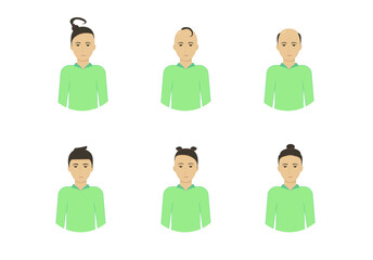 Avatars. six avatars, different haircuts, age, nationality,
green sweaters.