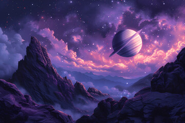 Planet image, unreal galaxy image purple background with space for design.
