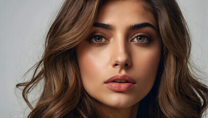 Close up portrait of a beautiful woman with glowing face. Beauty product commercial photo, glamorous portrait, Generative AI