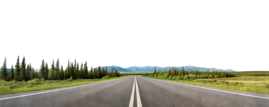 Long stretch of empty road leading towards misty mountains, cut out