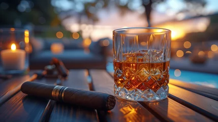  A glass with whiskey and a cigar next to it on a beautiful wooden table with a beautiful background , Ai generated image  © Trendy Image Two