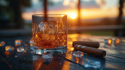 A glass with whiskey and a cigar next to it on a beautiful wooden table with a beautiful background , Ai generated image 