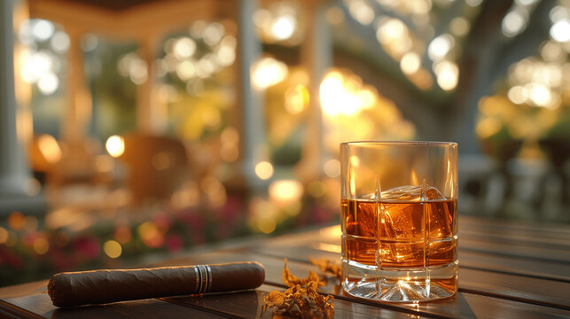 A glass with whiskey and a cigar next to it on a beautiful wooden table with a beautiful background , Ai generated image 
