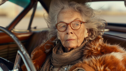 Elegant elderly woman in a vintage car, her expression telling of rich stories and experiences.