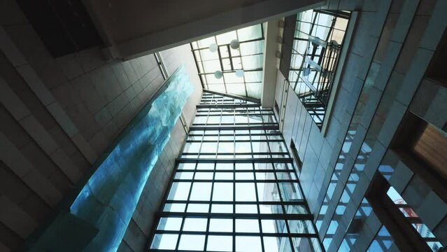 Modern glass building hallway, modern glass architecture, modern glass building ceiling