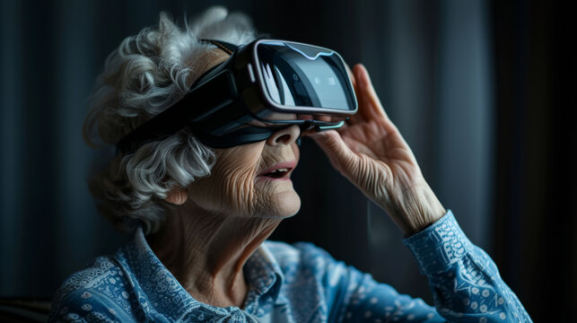 Senior female in a VR headset, a look of wonder on her face, indoors and engaged.
