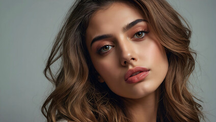 Naklejka premium Close up portrait of a beautiful woman with glowing face. Beauty product commercial photo, glamorous portrait, Generative AI