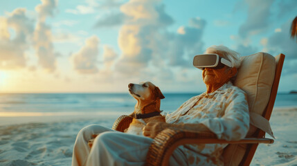 Senior and dog in VR headsets on beach chairs, experiencing virtual travel.