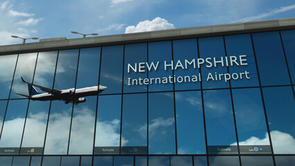 Airplane landing at New Hampshire USA airport mirrored in terminal - obrazy, fototapety, plakaty