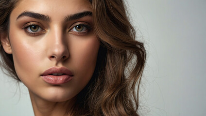 Fototapeta premium Close up portrait of a beautiful woman with glowing face. Beauty product commercial photo, glamorous portrait, Generative AI