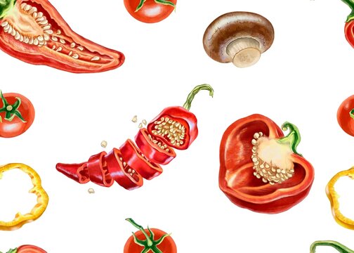 Hot and bell peppers, cherry tomatoes and champignon mushrooms. Seamless pattern for printing on fabric and paper for restaurants and kitchens. Juicy pieces of delicious fresh vegetables and mushrooms