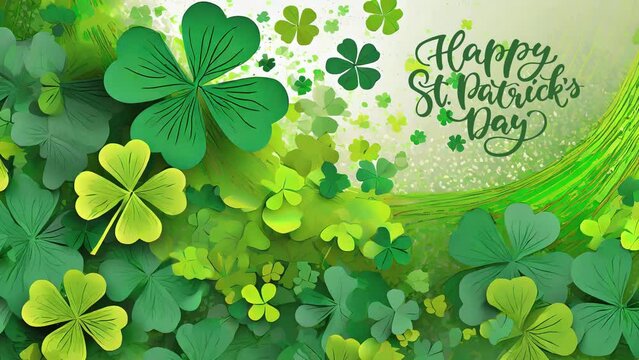 Happy St Patrick's Day 4K Video with green background and 4 leaf clovers