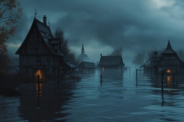 Obraz premium A Village in the Midst of a Flooded Area
