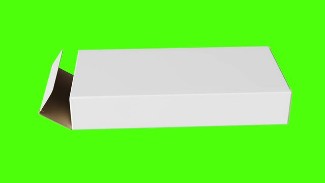 White cardboard box opens to reveal a blister packs of pills. 3d animation isolated on green screen or chroma key background