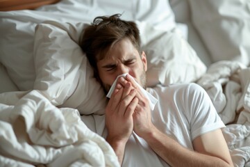 Man Sneezing Under a Blanket in Bed - obrazy, fototapety, plakaty