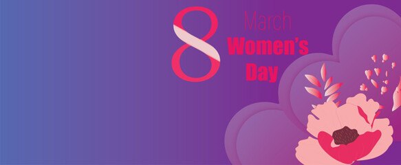 International Women's Day 8 march background. Banner for the Womens Day. Figure eight for greeting card March 8 womens day design. greeting card. Paper art pink flowers, leaves,