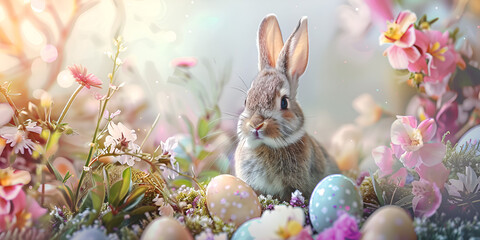Naklejka na ściany i meble Cute little easter bunny with easter eggs 