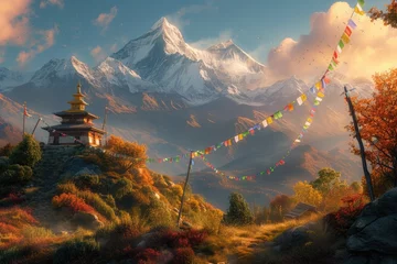 Photo sur Plexiglas Himalaya A serene temple adorned with colorful prayer flags stands against the backdrop of majestic snowy mountains illuminated by the sunrise. Resplendent.