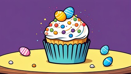 Tasty Easter cupcakes on white wooden table