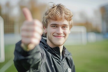 Young Man Giving Thumbs Up in Front of Soccer Field