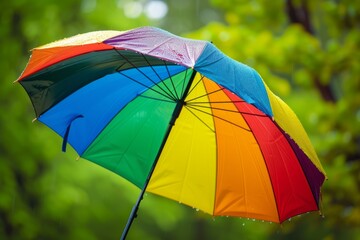 Rainbow Colored Umbrella Open in the Rain