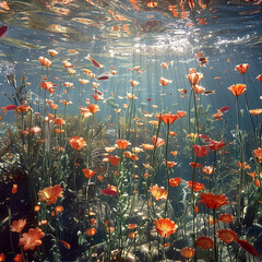 Wildblumen schwimmen mit Goldfischen im Meer, blume, orange, aufblühen, blühen, wasser, hintergrund, Wildflowers swimming with goldfish in the sea, flower, orange, blossom, bloom, water, background