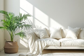White and bright modern design living room white linen sofa and plant - obrazy, fototapety, plakaty