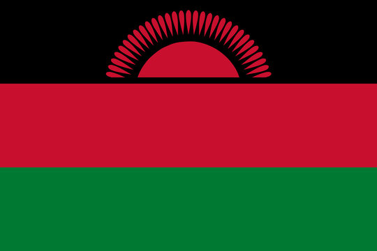 Close-up of black, red and green national flag of African country of Malawi with red sun. Illustration made February 20th, 2024, Zurich, Switzerland.