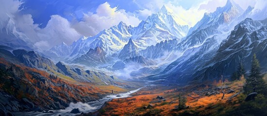 An art piece depicting a natural landscape with a mountain range, river, and cumulus clouds in the sky. The horizon fades into rolling hills in the distance